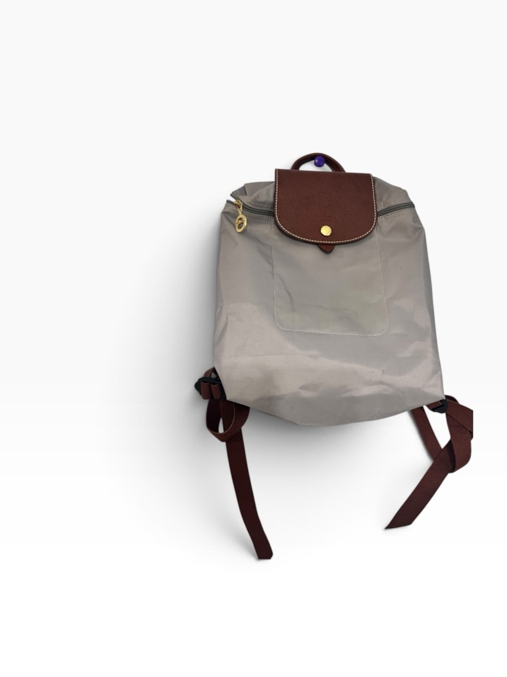 Longchamp Gray Backpack with Brown Trim and Straps medium